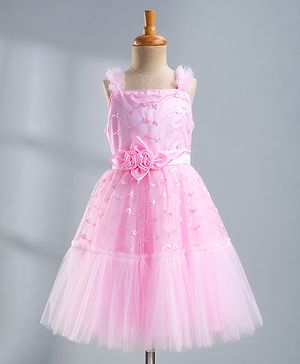 Pine Kids Mesh Woven Sleeveless Party Dress With Sequin Detailing & Floral Applique - Light Pink