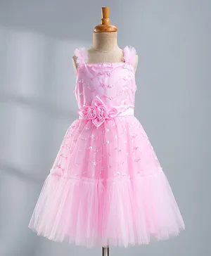 Pine Kids Mesh Woven Sleeveless Party
                              Dress With Sequin Detailing & Floral
                              Applique - Light Pink