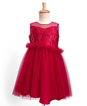 Pine Kids Mesh Woven Sleeveless Party Dress With Sequin Detailing - Dark Pink