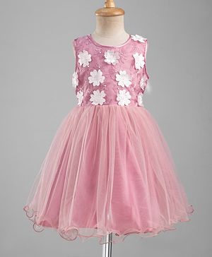 Pine Kids Mesh Woven Sleeveless Party Dress With Floral Applique & Embroidery - Pink & White