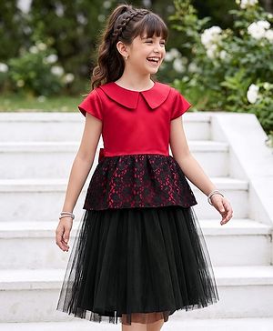Pine Kids Mesh Woven Half Sleeves Peter Pan Collared Party Dress With Floral Lace Detailing - Dark Pink