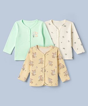 Babyhug 100% Cotton Interlock Knit Jhablas With Animal Print Pack of 3 - Green Peach & Off-white