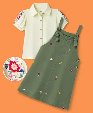 OLLINGTON ST. Cotton Knit
                                  Pinafore & Half Sleeve Shirt Top
                                  With Floral Embroidery & Print -
                                  Olive Green