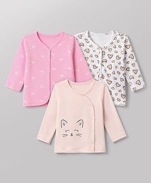Babyhug 100% Cotton Interlock Knit Front Open Jhablas With Heart & Bow Print pack of 3 - Pink Peach White