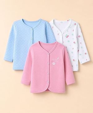 Babyhug 100% Cotton Interlock Knit Front Open Striped Jhablas With Floral & Polka Dot Print Pack of 3 - Light Blue, White & Pink
