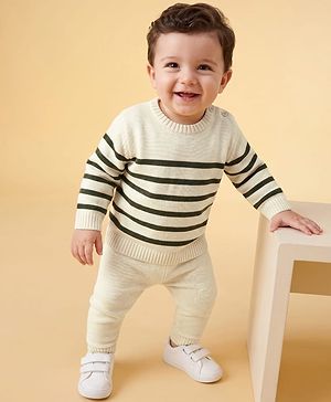 Babyhug Sweater Knit Full Sleeves Striped Sweater Set -White