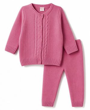 Babyhug Knit Full Sleeves Solid Colour Sweater Set with Cable Knit Design- Pink