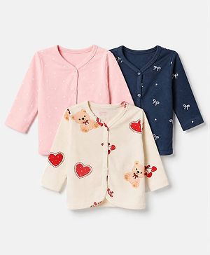Babyhug 100% Cotton Interlock Knit Jhablas with Full Sleeves and Bear Polka Dots Bow Print Pack of 3 - Pink Cream Navy Blue