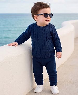 Babyhug Knit Full Sleeves Sweater Set With Cable Knit - Navy Blue