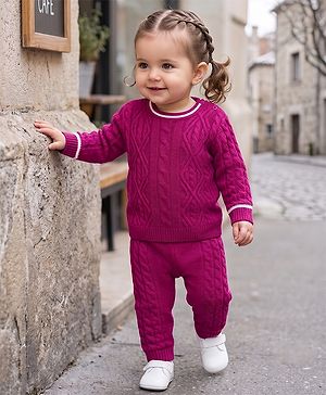 Babyhug Knit Full Sleeves Solid Colour Sweater Set With Cable Knit Design- Fuchsia