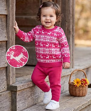 Babyhug Knit Full Sleeves Floral & Deer Designed Sweater Set -Pink
