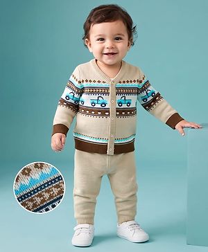 Babyhug Knit Full Sleeves Sweater Set With Vehicles Design - Cream