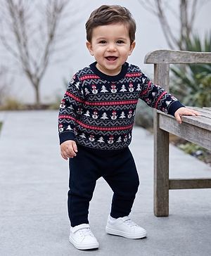 Babyhug Knit Full Sleeves Snow Man Designed Sweater Set -Navy