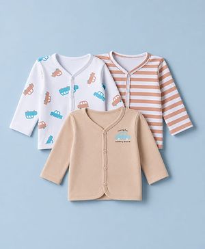 Babyhug 100% Cotton Interlock Knit Full Sleeves Striped Jhablas With Car Print Pack of 3 - Pink White & Tan