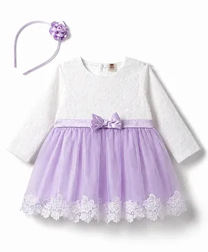 ToffyHouse Knit Full Sleeves Party
                              Frock With Headband With Lace Detailing -
                              White & Lavender