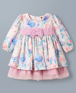 ToffyHouse Knit Full Sleeves Floral
                              Printed Party Dress With Bow Applique -
                              Multicolor