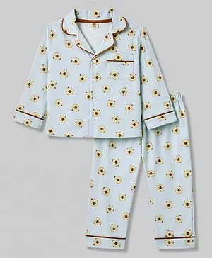 ToffyHouse Knitted Full Sleeves Shirt & Pyjama Co-Ord Night Suit With Bear Print - Blue