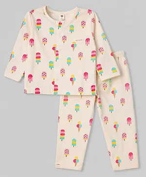 ToffyHouse Knitted Full Sleeves T-Shirt & Pyjama Co-Ord Night Suit With Ice Cream Print - Cream