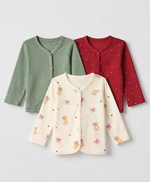 Babyhug 100% Cotton Interlock Jhablas with Full Sleeves and Bear Print - Green Maroon & White