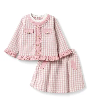 ToffyHouse Cotton Knit Full Sleeves
                              Checks Party Top & Skirt - Light Pink