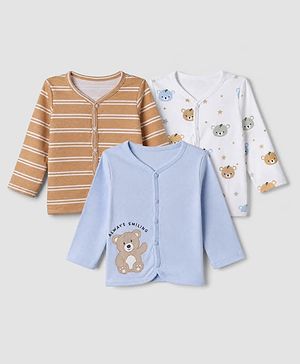 Babyhug 100% Cotton Interlock Knit Full Sleeves Front Open Striped Jhablas with Bear Print Pack of 3 - Sky Blue White & Brown