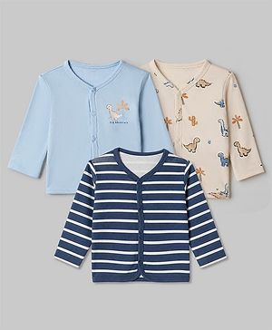 Babyhug 100% Cotton Interlock Knit Front Open Full Sleeves Striped Jhablas with Dinosaur Cactus Print Pack of 3 - Light Blue Beige Navy Blue