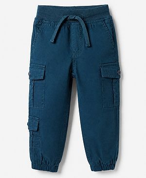 Babyhug 100% Cotton Woven Full Length Solid Jogger in Blue