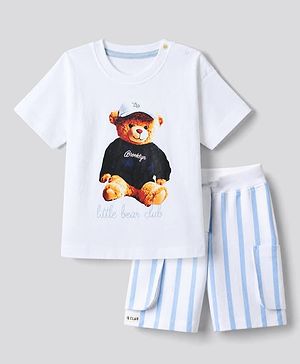 Bonfino 100% Cotton Knit Half Sleeves T-Shirt & Striped Cargo Shorts Set With Bear Print - White & Light Blue
