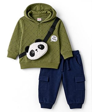 Babyhug 100% Cotton Knit Full Sleeves Checked Hooded T-Shirt & Jogger Set With Panda Applique - Green & Navy Blue