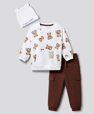 Bonfino 100% Cotton Knit Full Sleeves Drop Shoulder Oversized T-Shirt & Jogger with Cargo Pockets and Cap with Teddy Bear Print & Patch - Brown & White