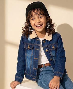 Pine Kids 100% Cotton Woven Full Sleeves Washed Denim Jacket With Fur Collar - Blue