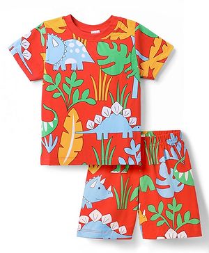 Babyhug 100% Cotton Knit Half Sleeves Dino Printed Co-Ords T-Shirt & Shorts Night Suit - Red