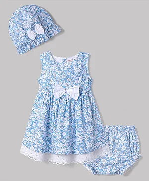 Babyhug Woven Sleeveless Floral
                                  Printed Frock With Bloomer & Bow
                                  Applique & Cap - White & Light
                                  Blue
