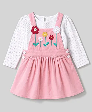 Babyhug Corduroy Woven Full
                                  Sleeves Polka Dots Printed &
                                  Floral Embroidered Frock With Inner
                                  Tee - Pink