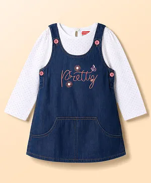 Babyhug Denim Woven Full Sleeves
                                  Polka Dots Printed Text Butterfly
                                  & Floral Embroidered Frock With
                                  Inner Tee - Navy Blue