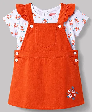 Babyhug Corduroy Woven Half
                                  Sleeves Floral Printed &
                                  Embroidered Frock With Inner Tee -
                                  Orange