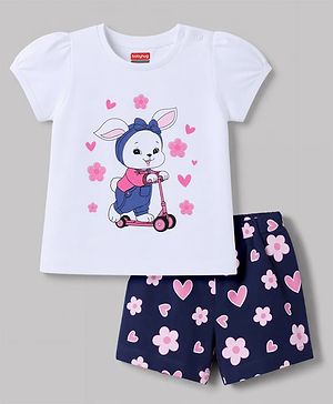Babyhug 100% Cotton Knit Half Sleeves Bunny Printed T-Shirt & Shorts Night Suit - White