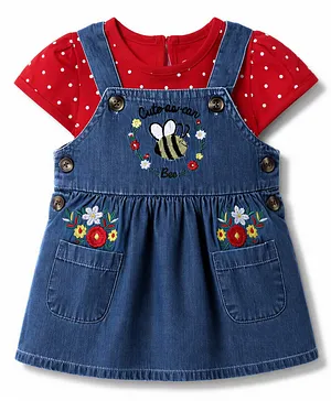 Babyhug Denim Woven Half Sleeves
                                  Polka Dots Printed & Floral
                                  Printed Frock With Inner Tee - Navy
                                  Blue & Red