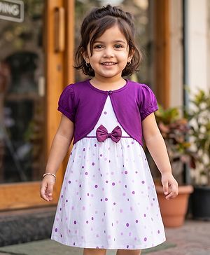 Babyhug 100% Cotton Woven Half Sleeves Polka Dots Printed Frock With Shrug & Bow Applique - White & Violet