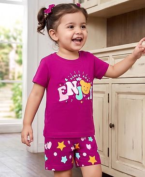 Babyhug 100% Cotton Knit Half Sleeves T-Shirt & Shorts Night Suit With Star & Text Print - Purple