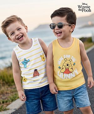 Babyhug Disney Single Jersey Knit Sleeveless Striped Vest With Winnie the Pooh Graphic Pack of 2 - White & Yellow