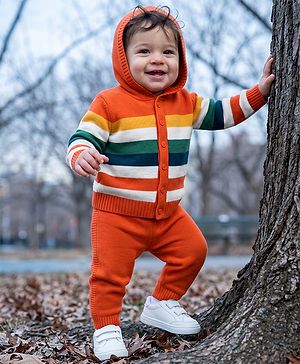 Babyhug Knit Full Sleeves Hooded  Sweater Set With Stripes - Orange