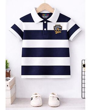 Trampoline Cotton Knit Rugby Striped & Sport Text Printed Polo Tee - Multi Colour