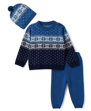 Babyhug Knit Full Sleeves Sweater Set With Cap & Floral Design - Blue