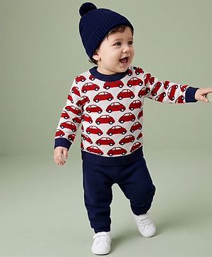 Babyhug  Knit Full Sleeves Car Design Sweater Set with Cap - Red