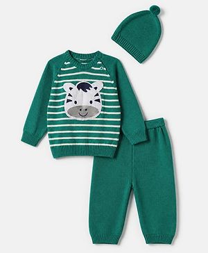 Babyhug Knit Full Sleeves Sweater Set with Cap and Zebra Applique - Green