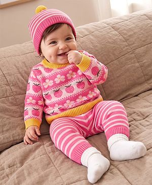 Babyhug Knit Full Length Full Sleeves Sweater Set with Cap and Strawberry Design in Pink