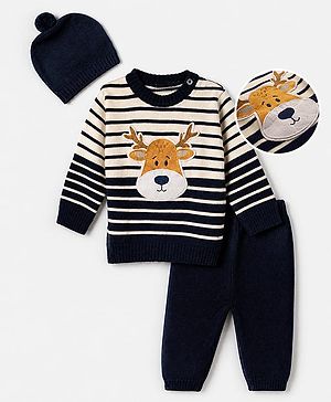 Babyhug Knit Full Sleeves Sweater Sets with Cap and Reindeer Patch in Navy Blue