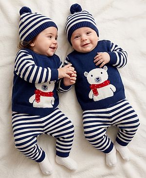Babyhug Knit Full Sleeves Striped Sweater Set with Cap and Bear Design in Navy Blue