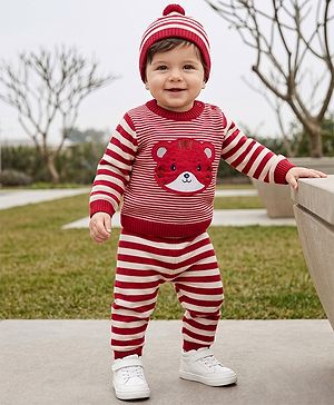 Babyhug Knit Full Sleeves Sweater Set with Cap and Tiger Applique in Rust Orange